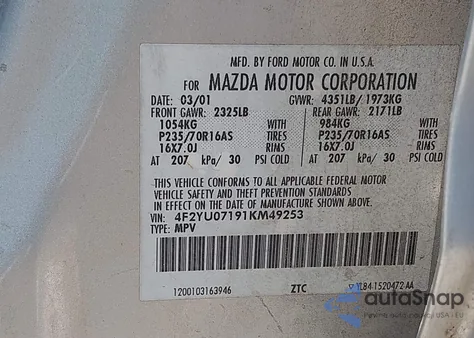 2001 Mazda Tribute Dx V6 z USA, uszkodzony, nr VIN 4F2YU07191KM49253